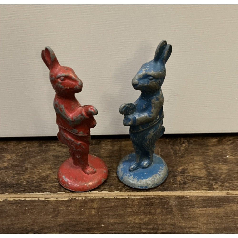 Vintage 1949 Uncle Wiggily Rabbit Metal Game Pawns Red Blue 2" Tall MB Lot of 2